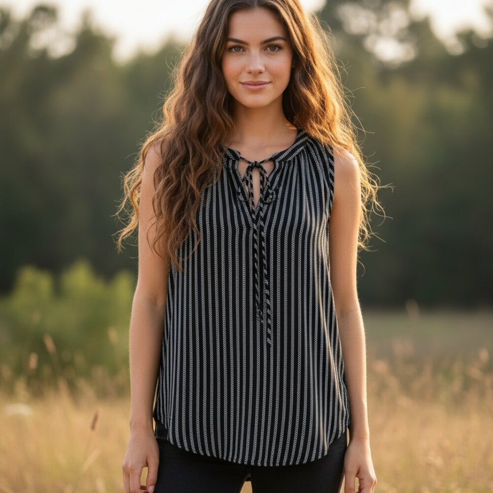 Loft M Black White Striped Heart Tie‎ Keyhole Top Boho Flowy Coastal Casual Edgy